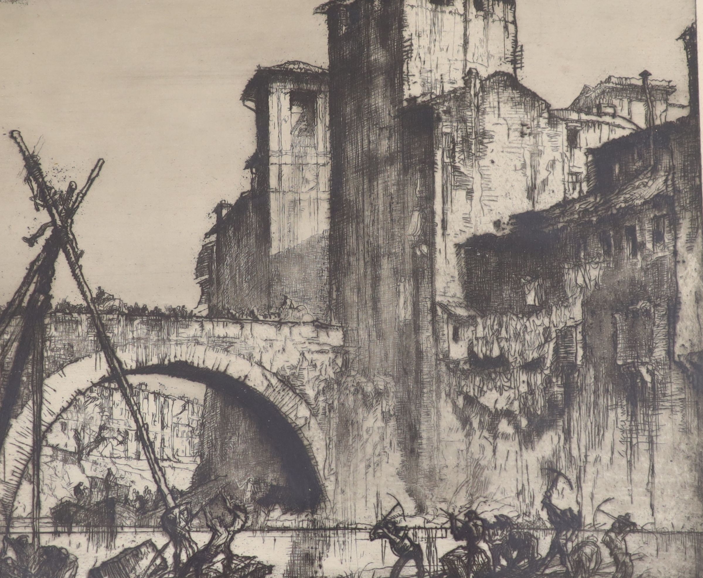 Frank Brangwyn (1867-1956), three etchings, Spanish Bridge, Tour de Faure, and Bridge viewed from beside a tree, all signed in pencil, 30 x 35cm, 25 x 35cm and 27 x 37cm